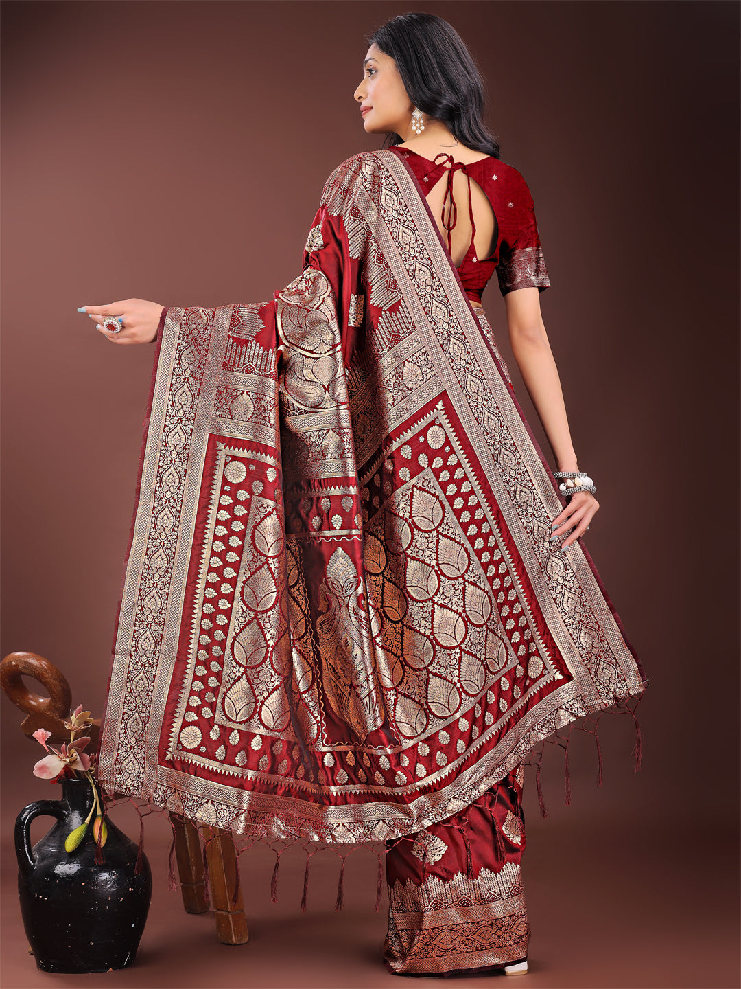 Shree Shyam Fashion Graceful Maroon Banarasi Silk Saree with Silver Zari - Perfect Ethnic Wear for Weddings & Festive Moments | Grocsy