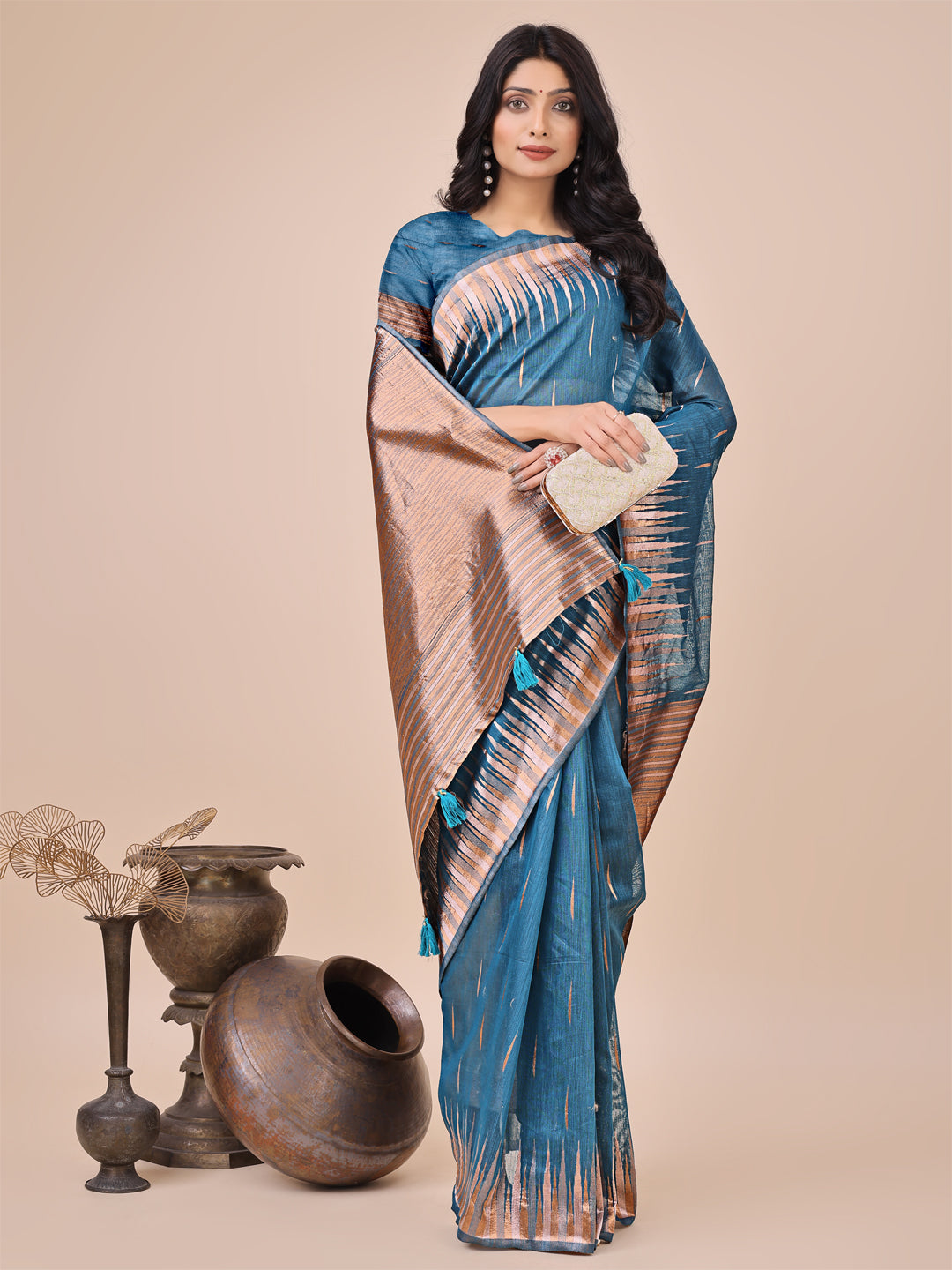 Shree Shyam Fashion Elegant Blue Linen Cotton Saree with Copper Zari Pallu and Artistic Brush Pattern - Festive & Formal Wear | Grocsy