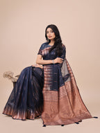 Shree Shyam Fashion Elegant Navy Blue Linen Cotton Saree with Copper Zari Pallu and Artistic Brush Pattern - Festive & Formal Wear | Grocsy