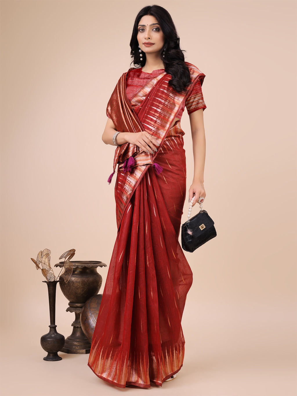 Shree Shyam Fashion Elegant Red Linen Cotton Saree with Copper Zari Pallu and Artistic Brush Pattern - Festive & Formal Wear | Grocsy