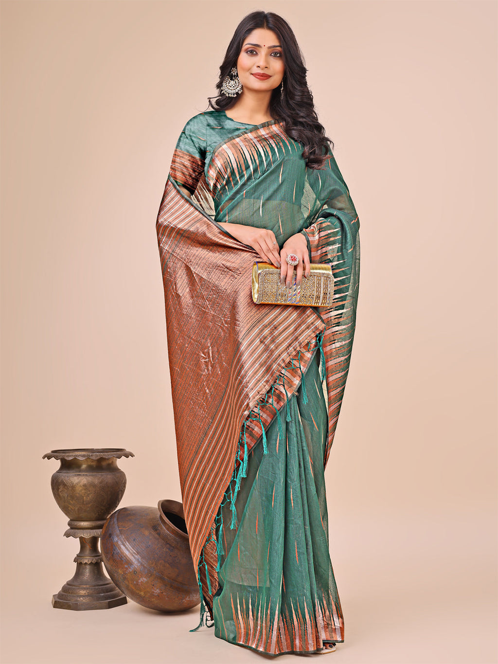 Shree Shyam Fashion Elegant Green Linen Cotton Saree with Copper Zari Pallu and Artistic Brush Pattern - Festive & Formal Wear | Grocsy