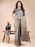 Shree Shyam Fashion Grey Banarasi silk Woven Zari Work Traditional Tassel Saree | Grocsy