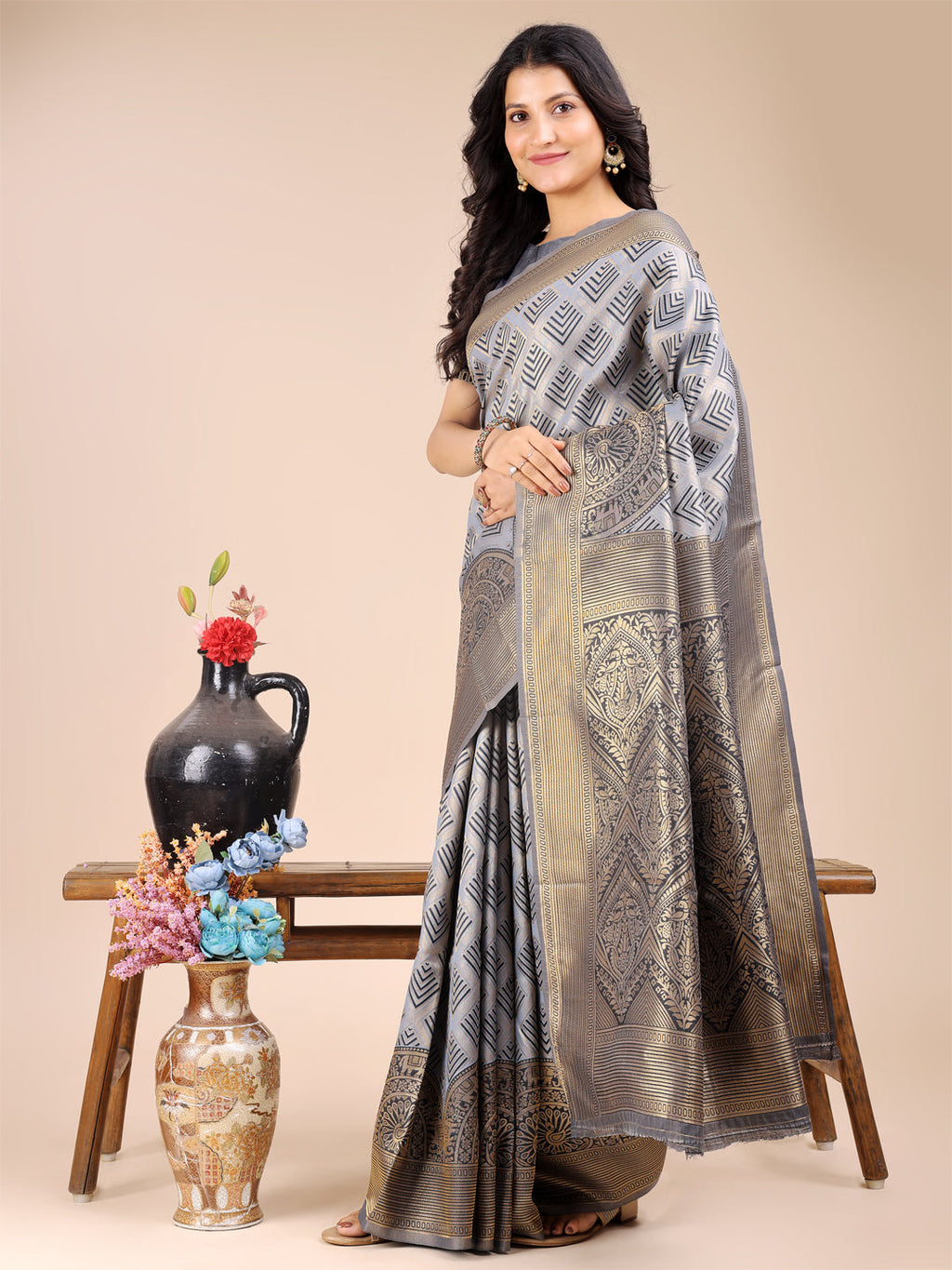 Shree Shyam Fashion Grey Banarasi silk Woven Zari Work Traditional Tassel Saree | Grocsy