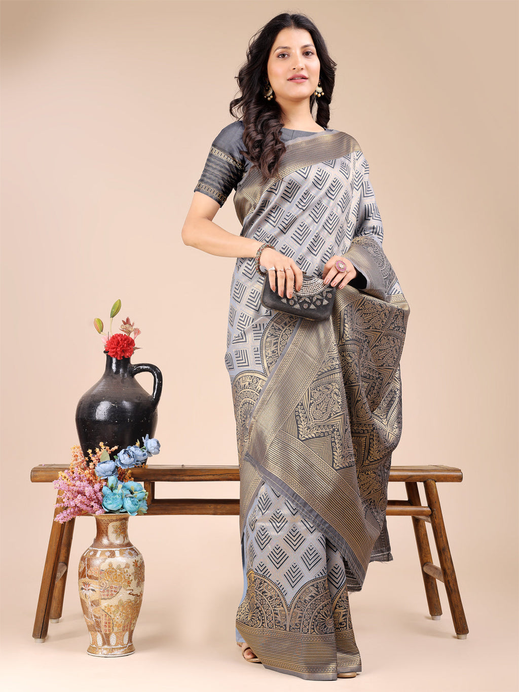 Shree Shyam Fashion Grey Banarasi silk Woven Zari Work Traditional Tassel Saree | Grocsy