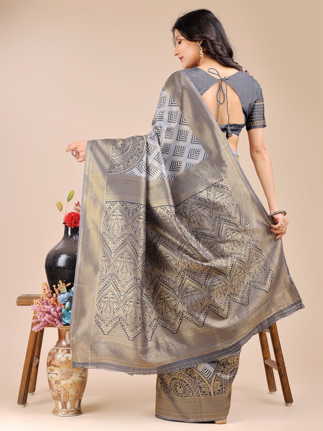 Shree Shyam Fashion Grey Banarasi silk Woven Zari Work Traditional Tassel Saree | Grocsy