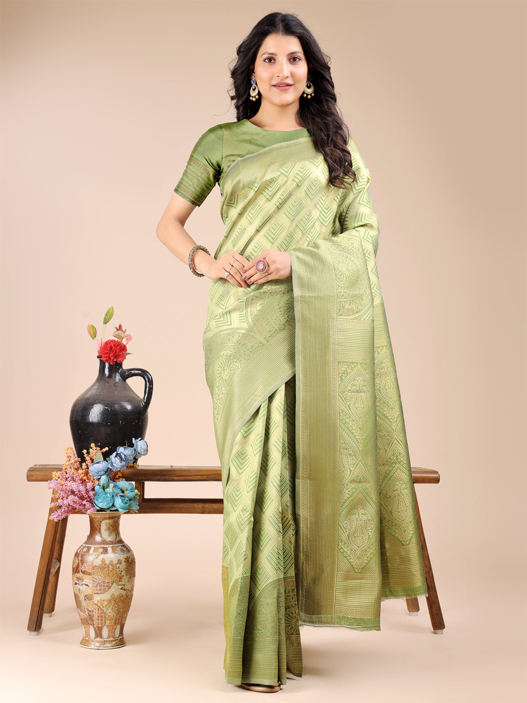 Shree Shyam Fashion Light Green Banarasi silk Woven Zari Work Traditional Tassel Saree | Grocsy