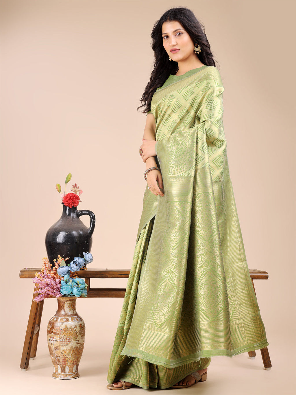 Shree Shyam Fashion Light Green Banarasi silk Woven Zari Work Traditional Tassel Saree | Grocsy