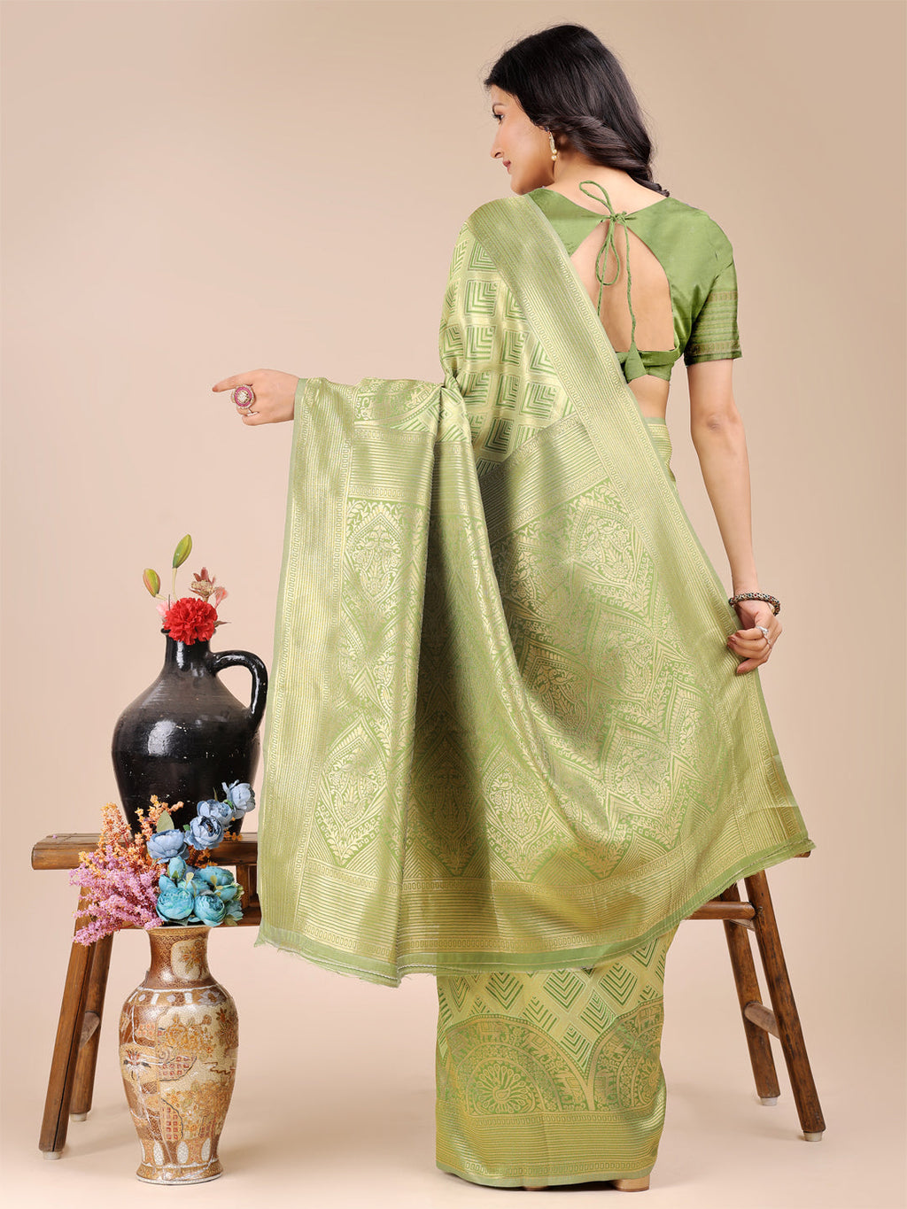 Shree Shyam Fashion Light Green Banarasi silk Woven Zari Work Traditional Tassel Saree | Grocsy