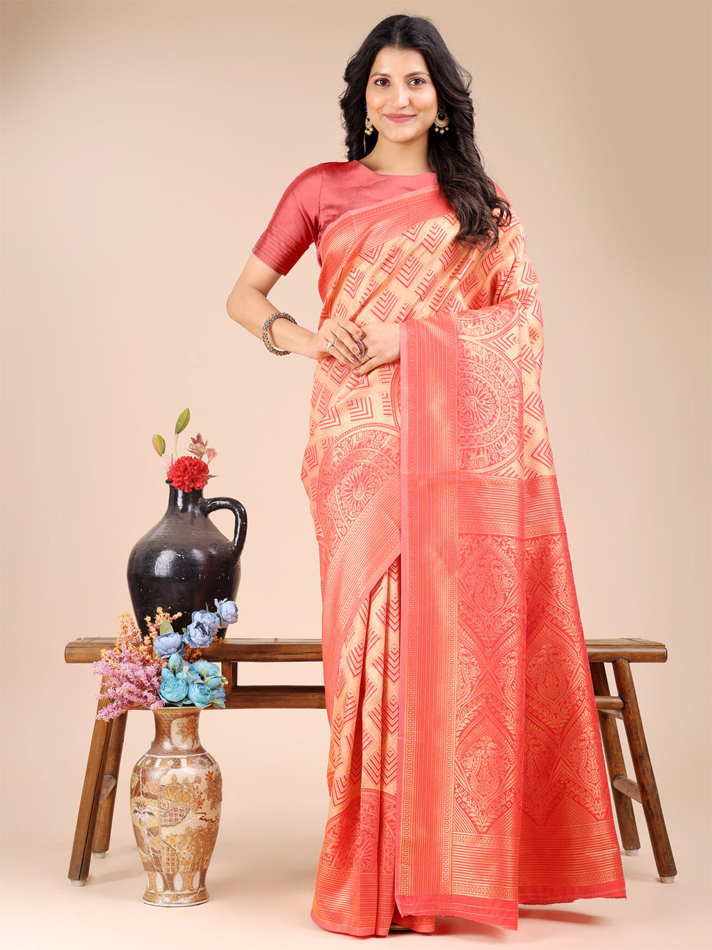 Shree Shyam Fashion Peach Banarasi silk Woven Zari Work Traditional Tassel Saree | Grocsy