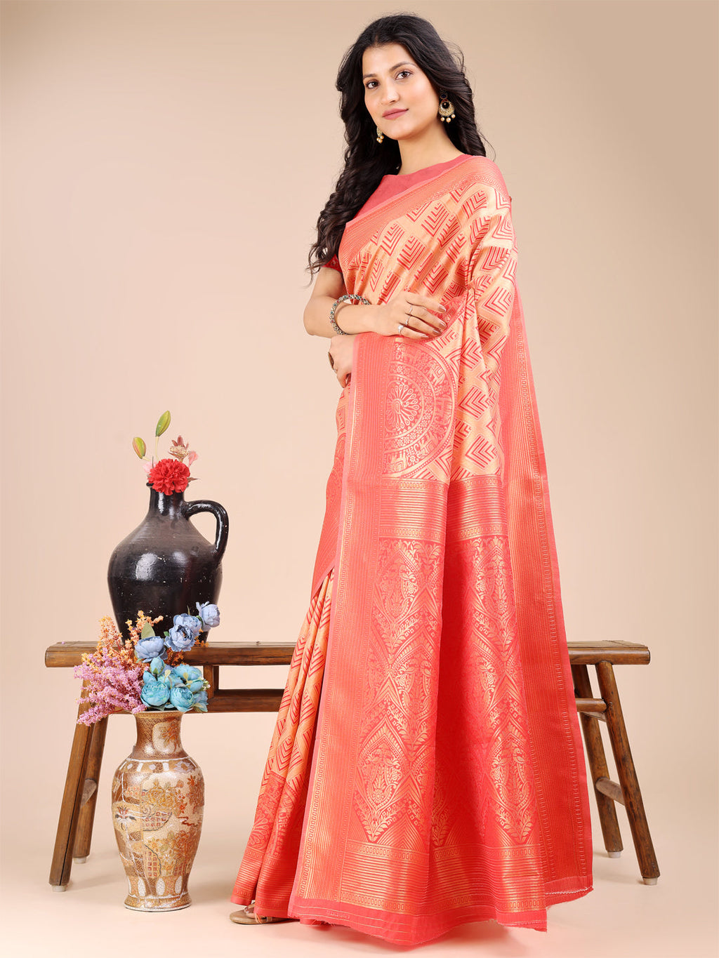 Shree Shyam Fashion Peach Banarasi silk Woven Zari Work Traditional Tassel Saree | Grocsy