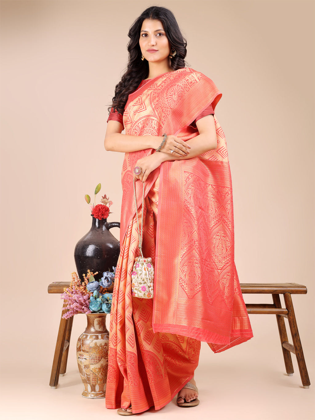 Shree Shyam Fashion Peach Banarasi silk Woven Zari Work Traditional Tassel Saree | Grocsy