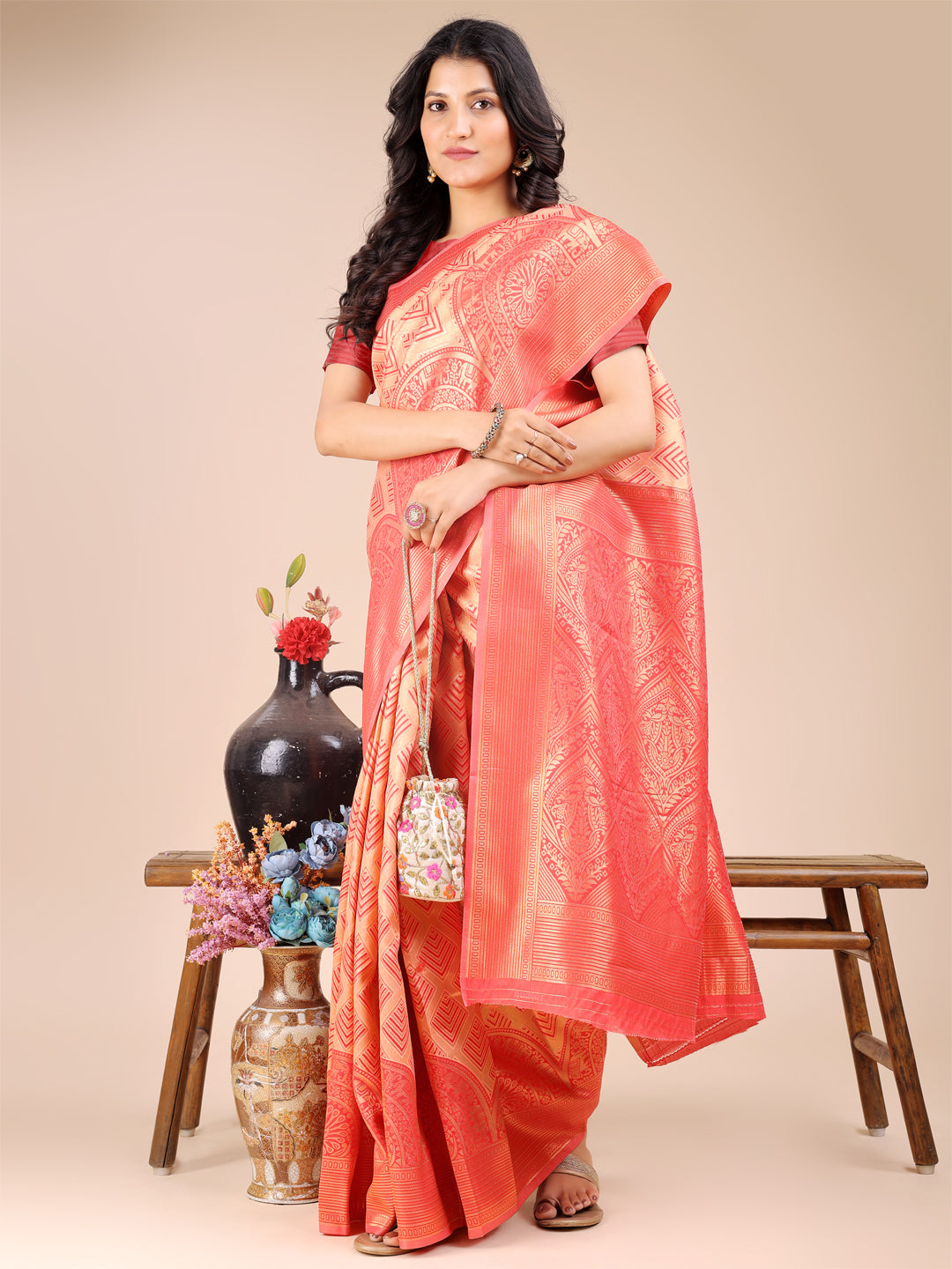 Shree Shyam Fashion Peach Banarasi silk Woven Zari Work Traditional Tassel Saree | Grocsy