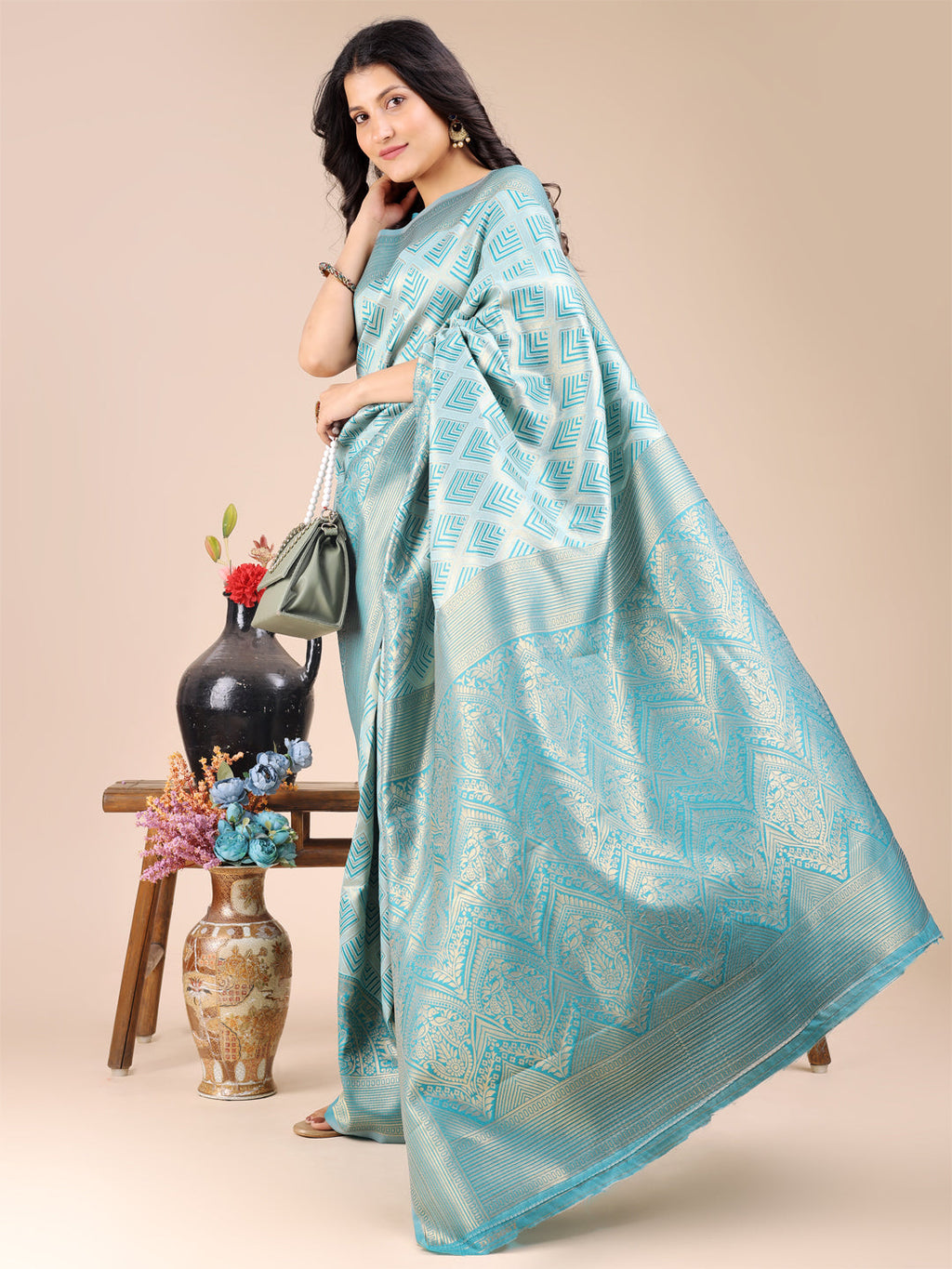 Shree Shyam Fashion Sea Green Banarasi silk Woven Zari Work Traditional Tassel Saree | Grocsy