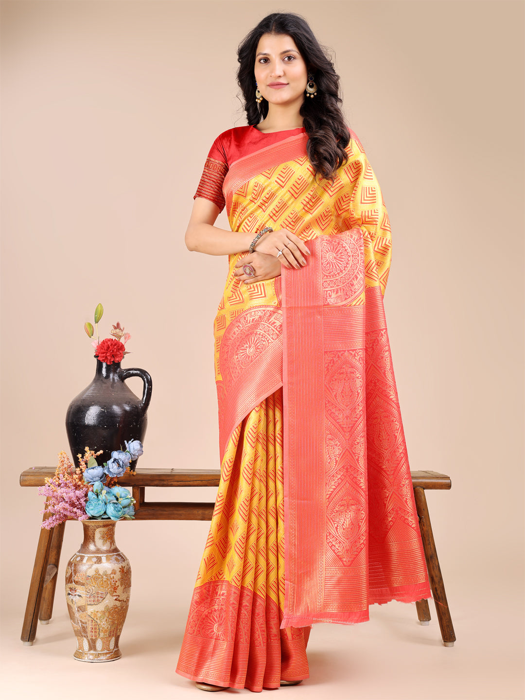 Shree Shyam Fashion Yellow & Red Banarasi silk Woven Zari Work Traditional Tassel Saree | Grocsy