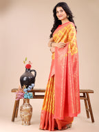 Shree Shyam Fashion Yellow & Red Banarasi silk Woven Zari Work Traditional Tassel Saree | Grocsy