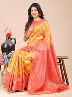 Shree Shyam Fashion Yellow & Red Banarasi silk Woven Zari Work Traditional Tassel Saree | Grocsy