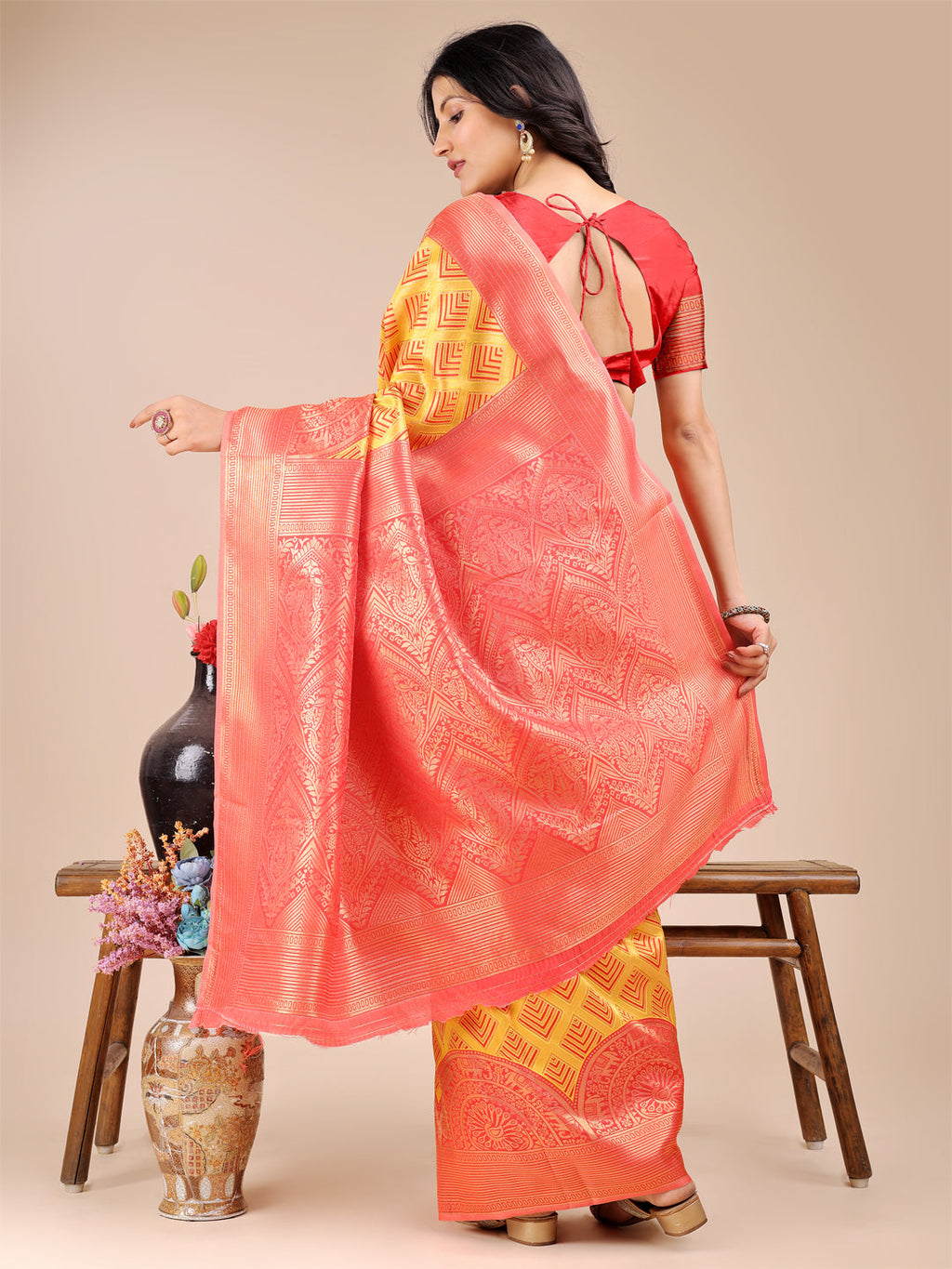 Shree Shyam Fashion Yellow & Red Banarasi silk Woven Zari Work Traditional Tassel Saree | Grocsy