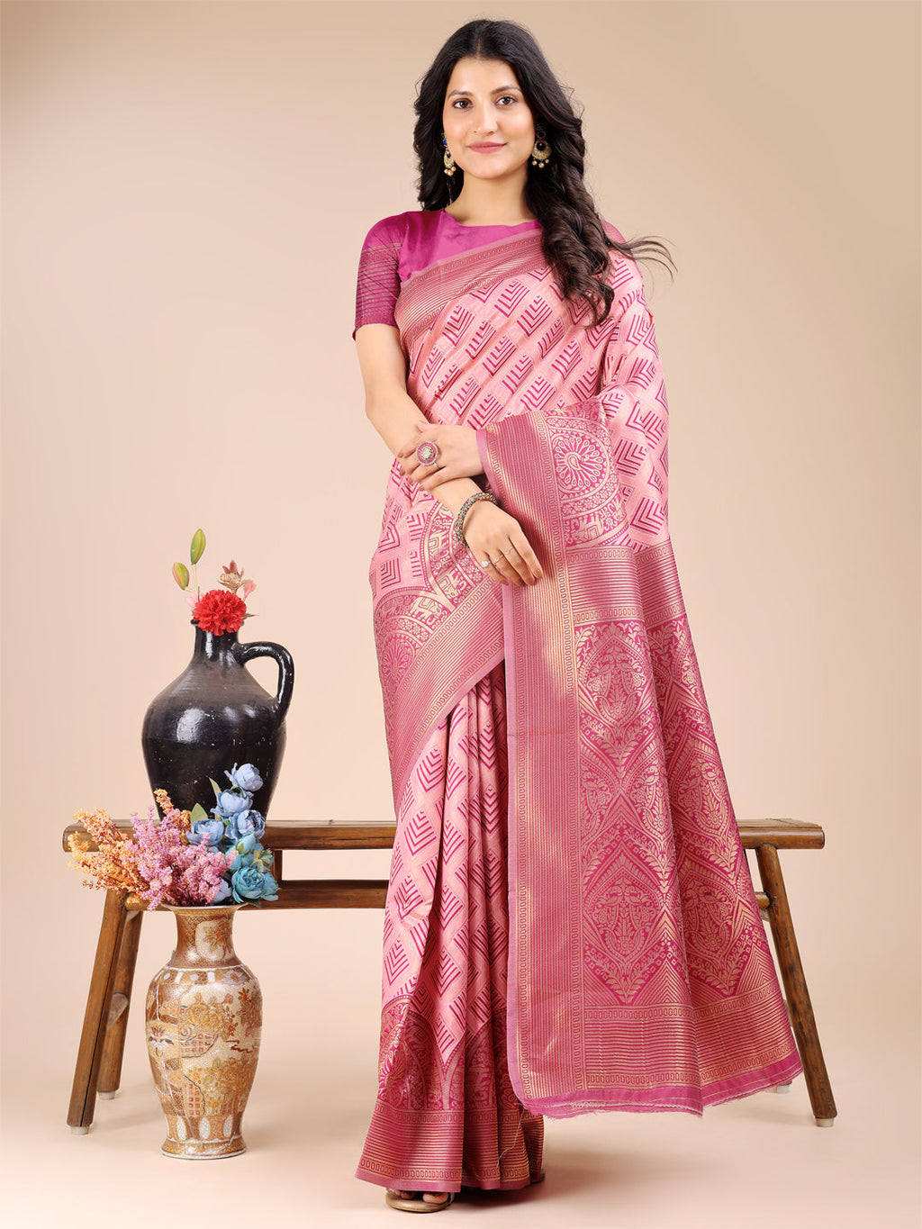 Shree Shyam Fashion Light Pink Banarasi silk Woven Zari Work Traditional Tassel Saree | Grocsy