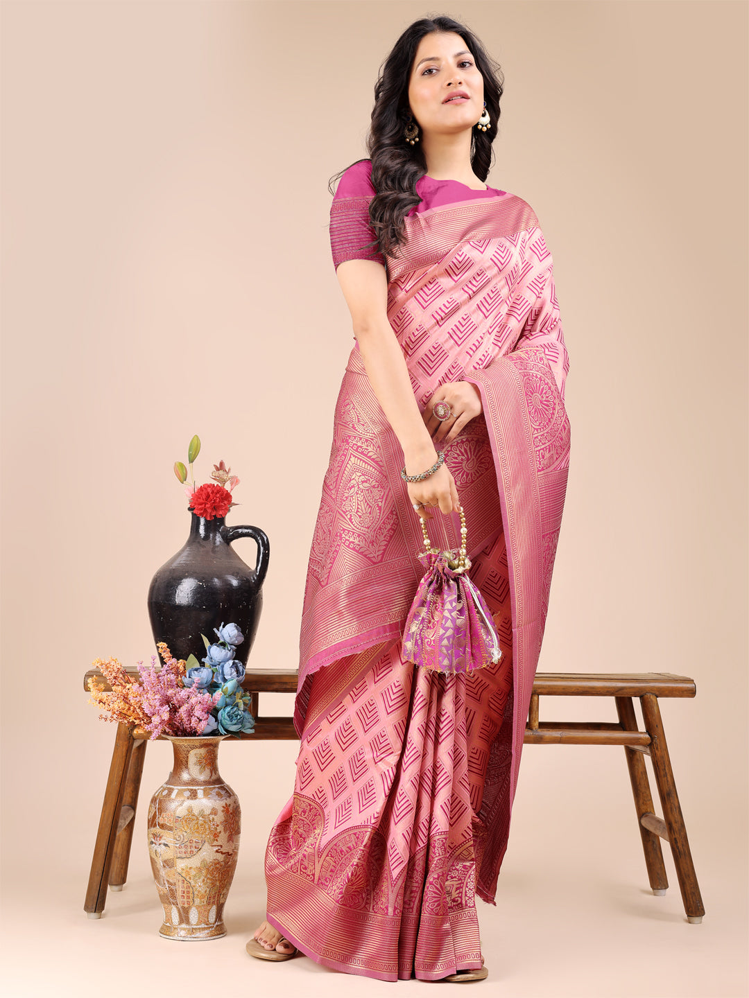 Shree Shyam Fashion Light Pink Banarasi silk Woven Zari Work Traditional Tassel Saree | Grocsy