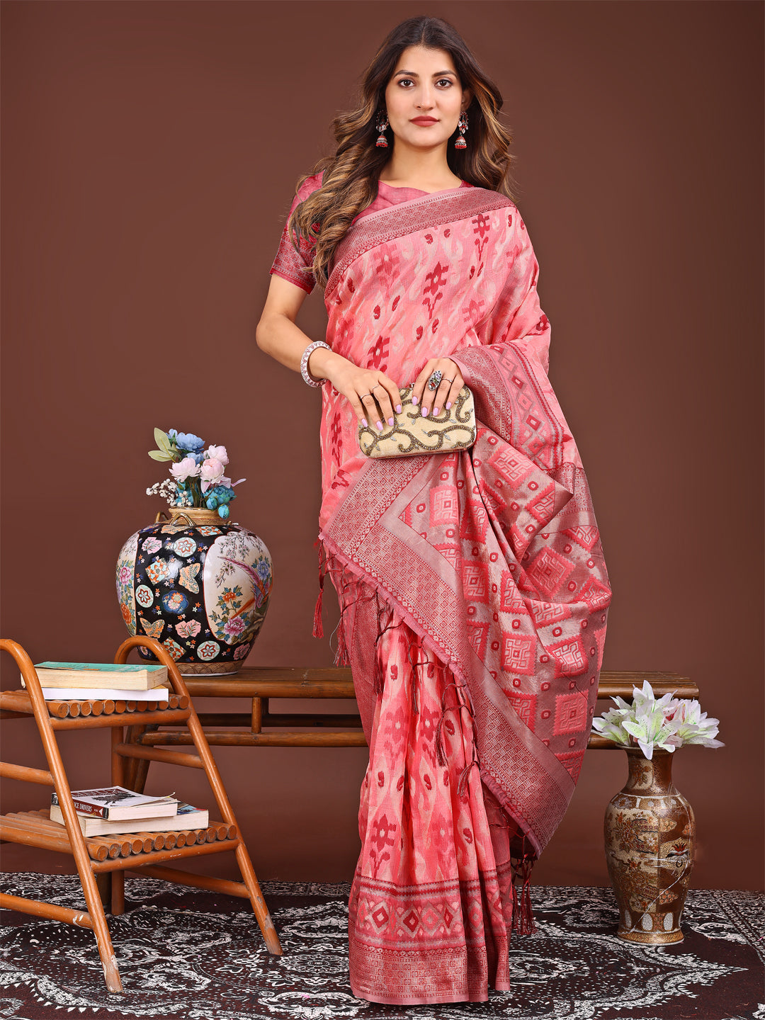 Shree Shyam Fashion Radiant Peach Linen Cotton Patola Saree - Where Tradition Dances with Elegance | Grocsy
