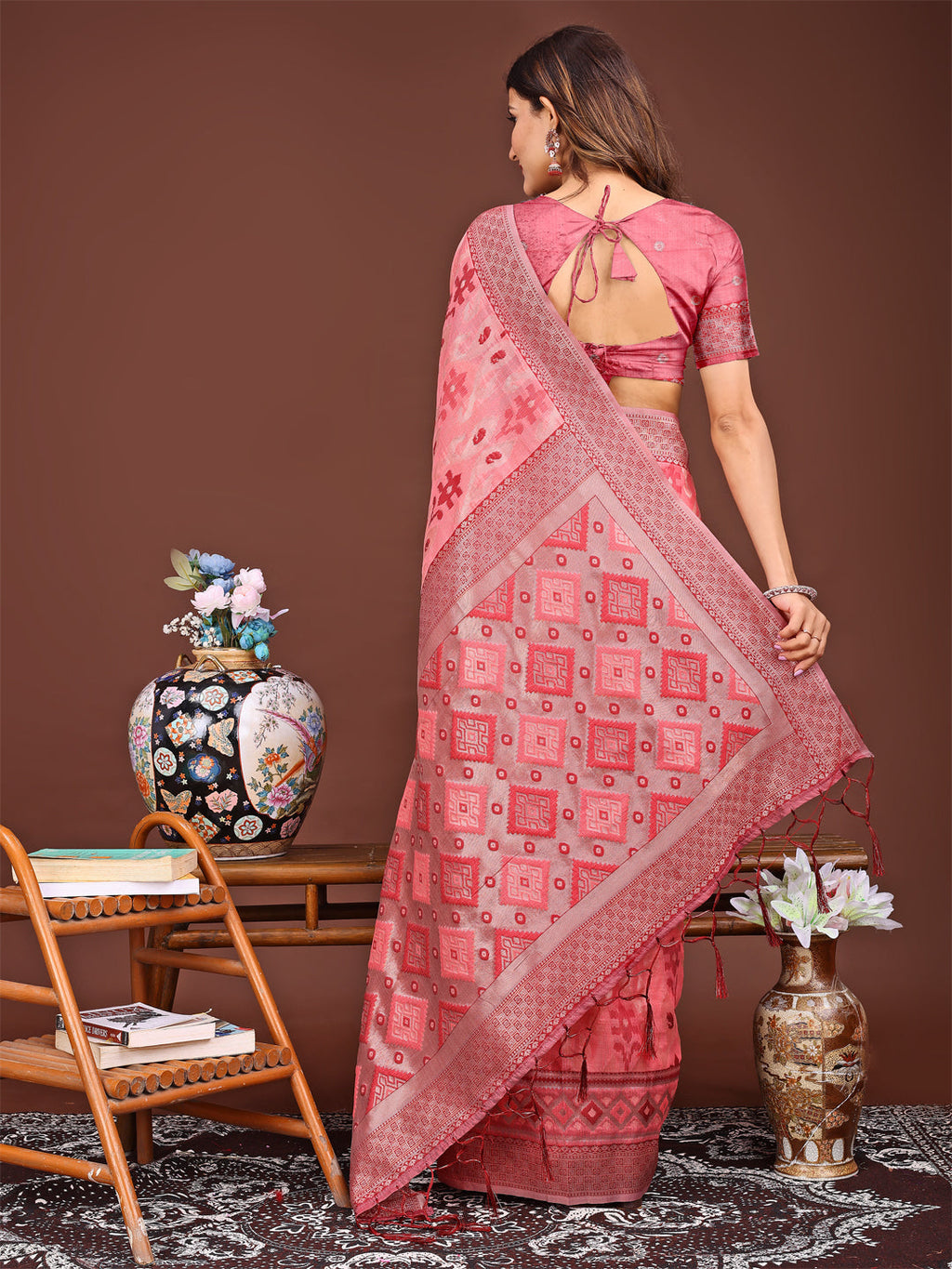 Shree Shyam Fashion Radiant Peach Linen Cotton Patola Saree - Where Tradition Dances with Elegance | Grocsy