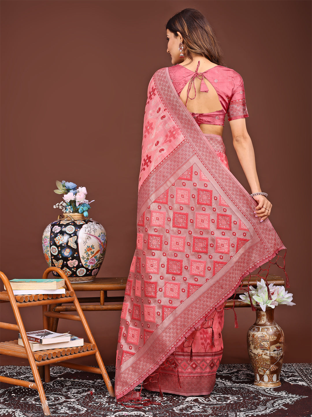 Shree Shyam Fashion Radiant Peach Linen Cotton Patola Saree - Where Tradition Dances with Elegance | Grocsy