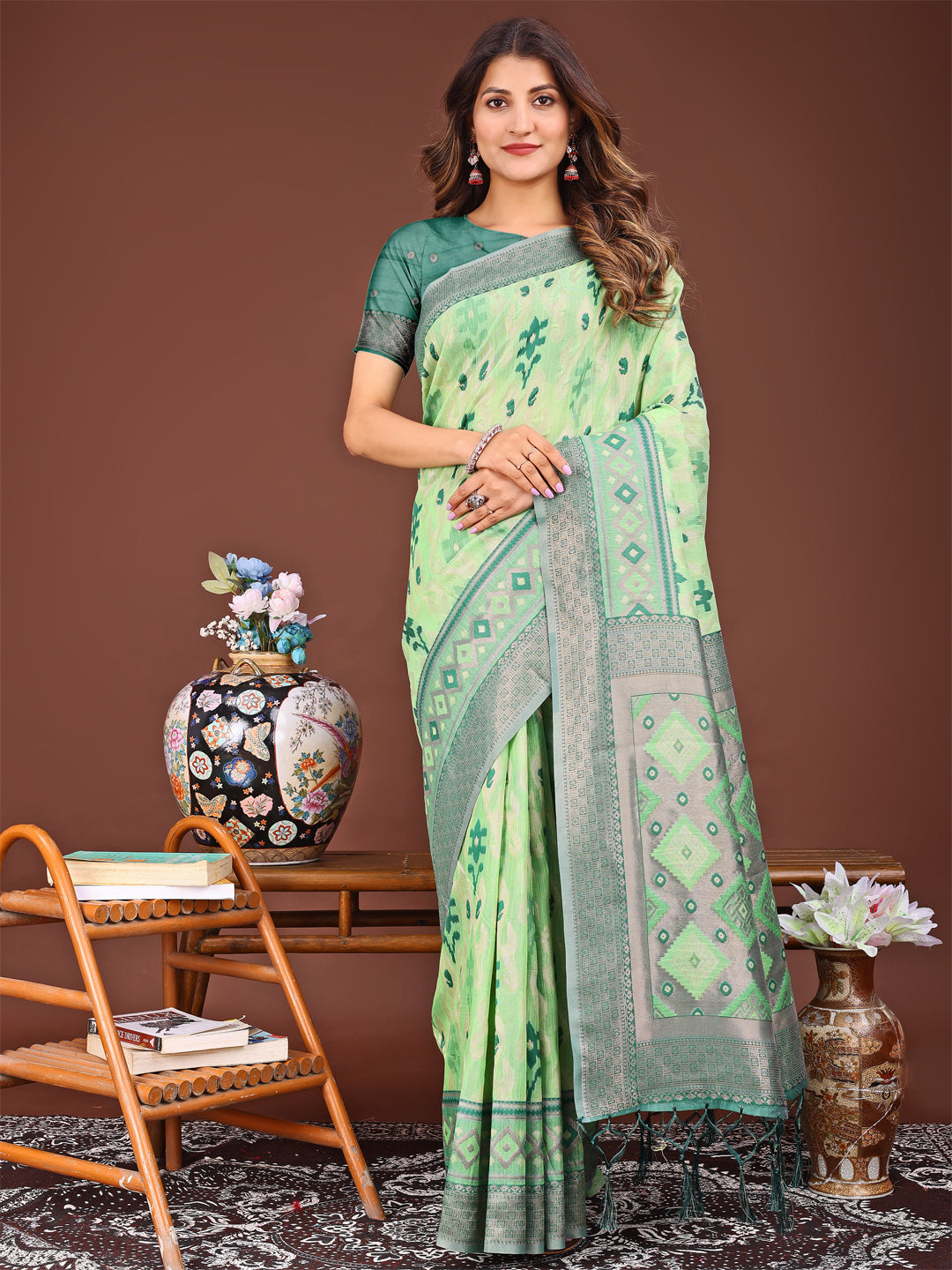 Shree Shyam Fashion Radiant Light Green Linen Cotton Patola Saree - Where Tradition Dances with Elegance | Grocsy