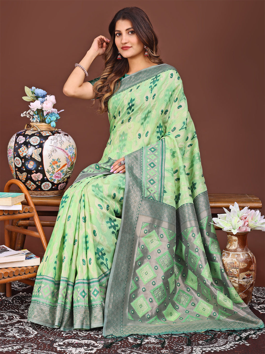 Shree Shyam Fashion Radiant Light Green Linen Cotton Patola Saree - Where Tradition Dances with Elegance | Grocsy