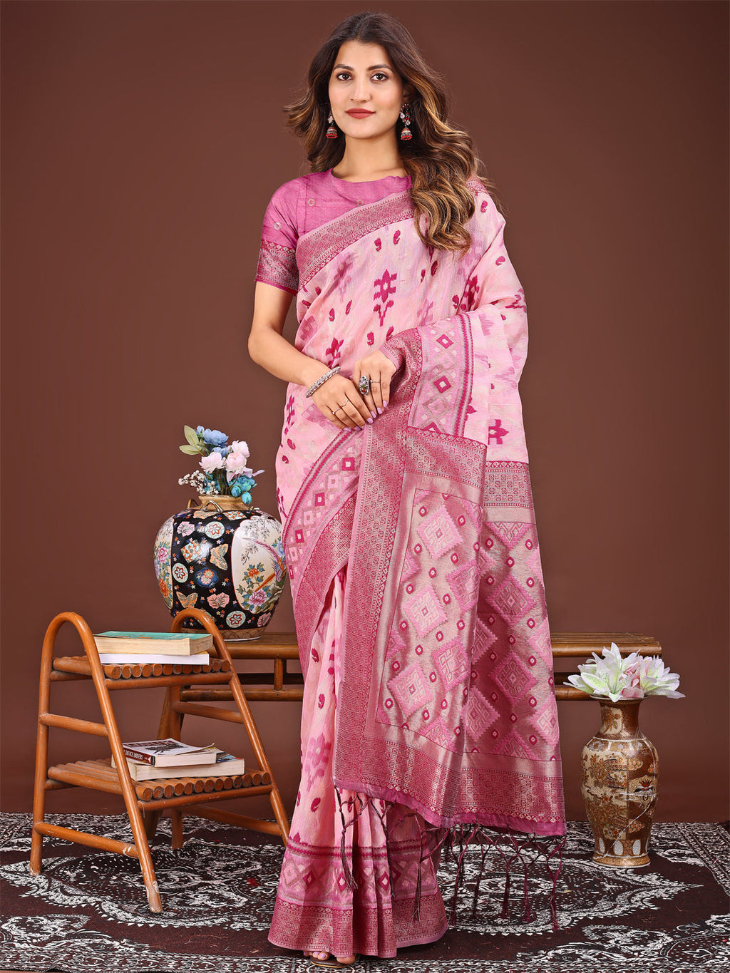 Shree Shyam Fashion Radiant Pink Linen Cotton Patola Saree - Where Tradition Dances with Elegance | Grocsy
