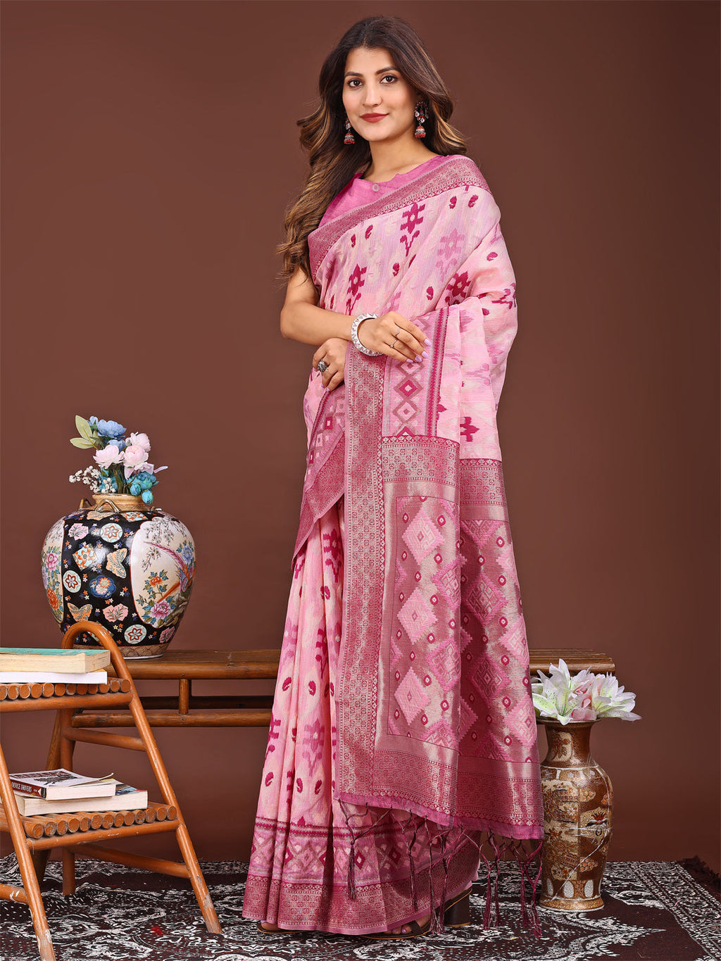 Shree Shyam Fashion Radiant Pink Linen Cotton Patola Saree - Where Tradition Dances with Elegance | Grocsy