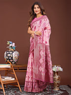 Shree Shyam Fashion Radiant Pink Linen Cotton Patola Saree - Where Tradition Dances with Elegance | Grocsy