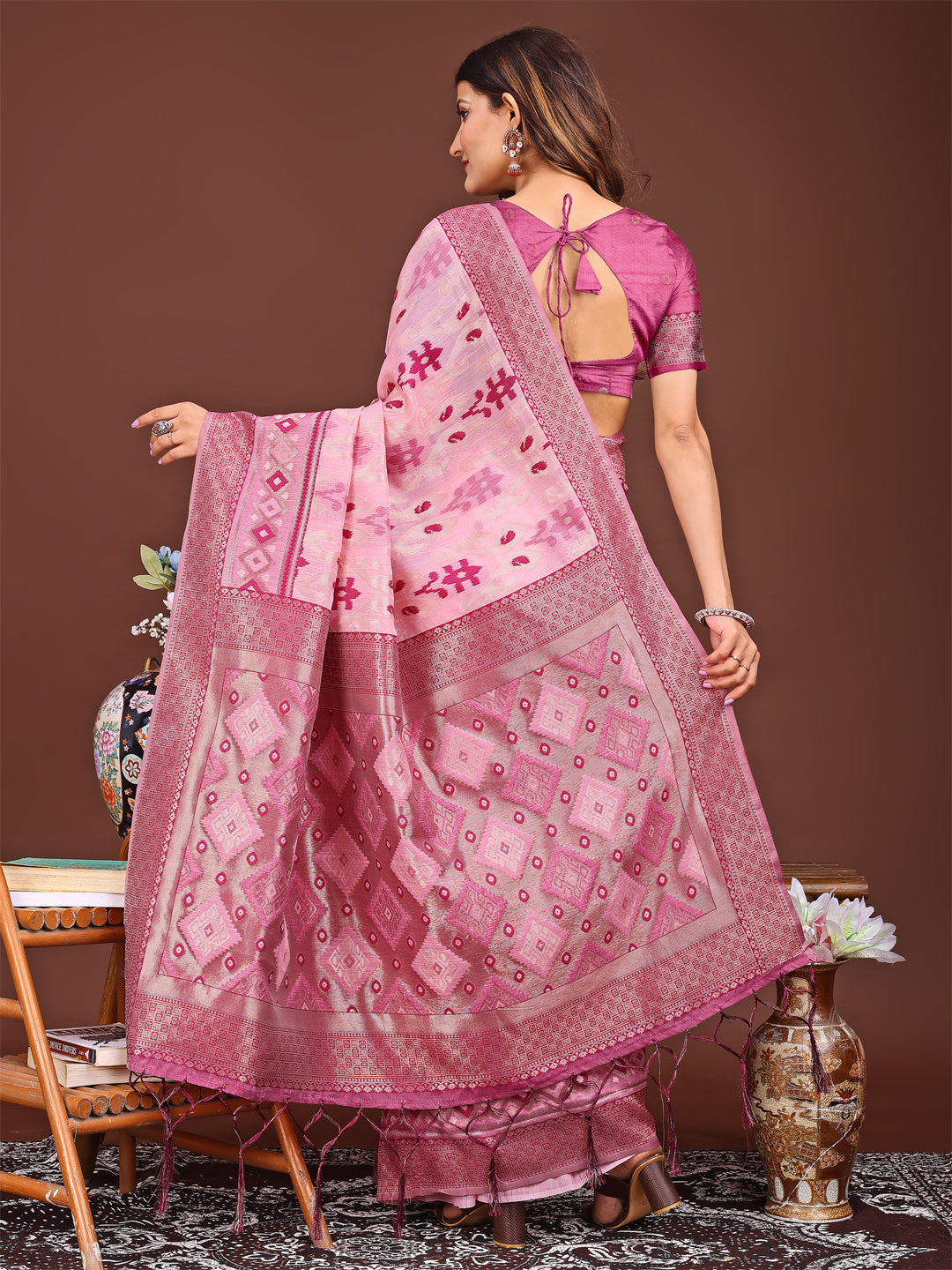 Shree Shyam Fashion Radiant Pink Linen Cotton Patola Saree - Where Tradition Dances with Elegance | Grocsy
