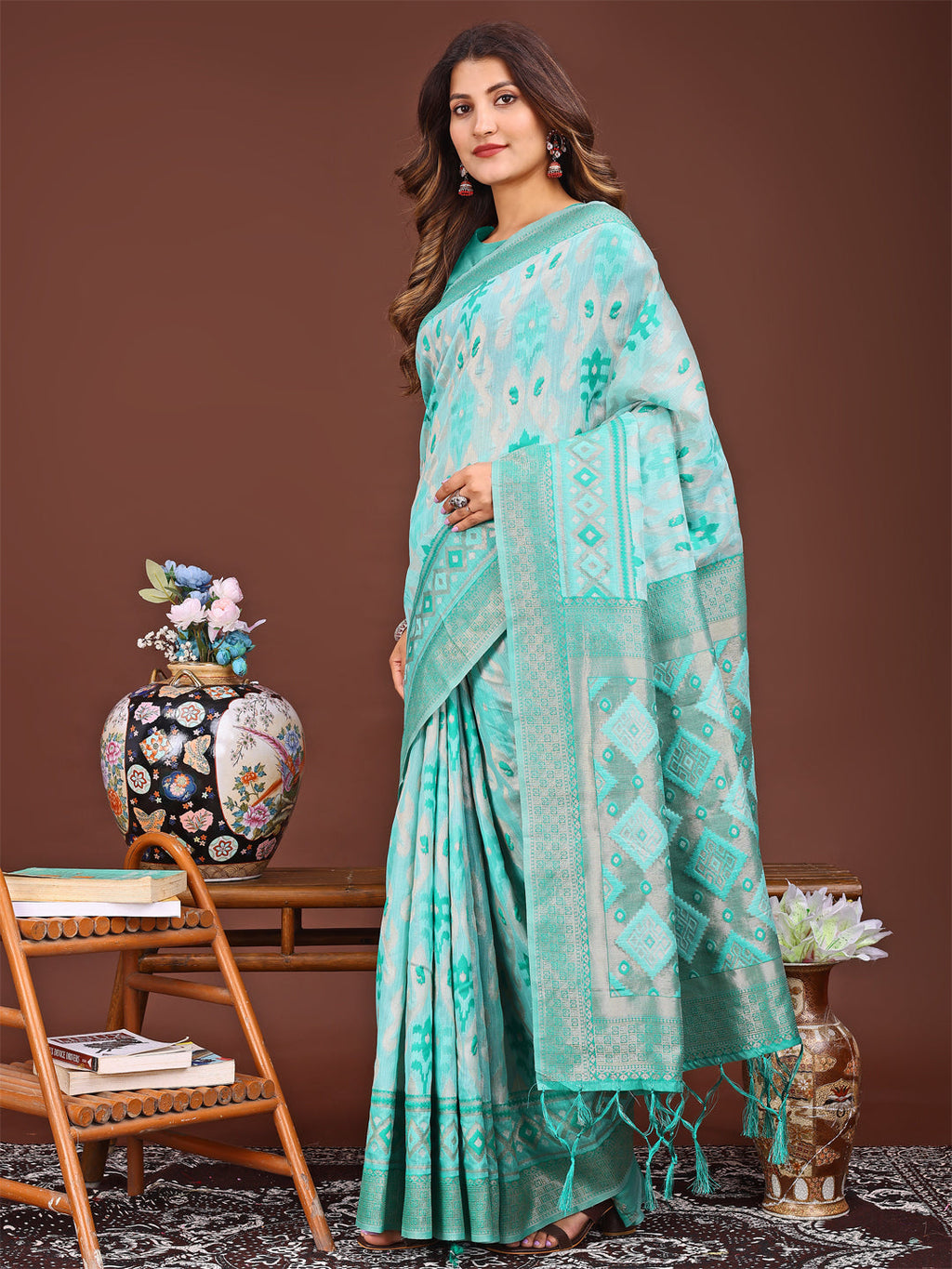 Shree Shyam Fashion Radiant Sea Green Linen Cotton Patola Saree - Where Tradition Dances with Elegance | Grocsy