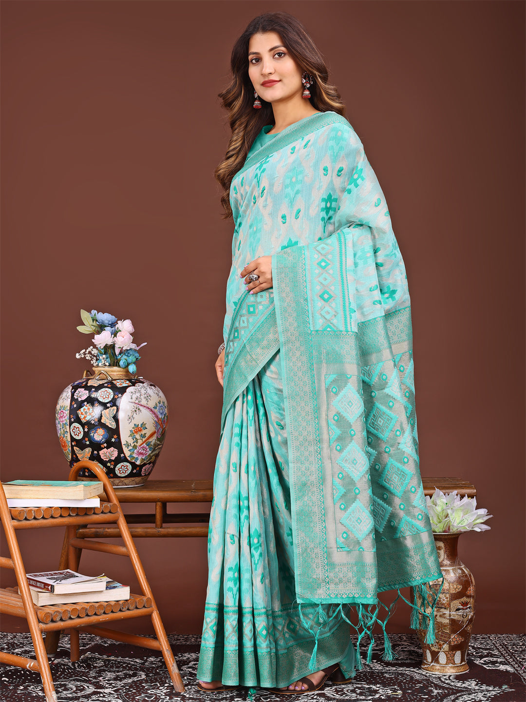 Shree Shyam Fashion Radiant Sea Green Linen Cotton Patola Saree - Where Tradition Dances with Elegance | Grocsy