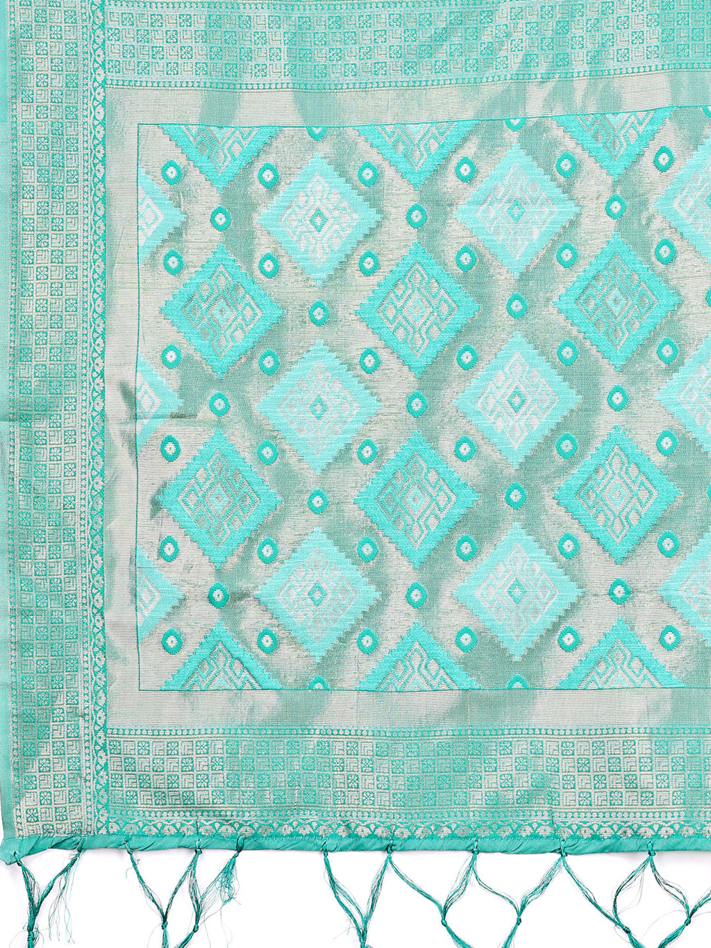 Shree Shyam Fashion Radiant Sea Green Linen Cotton Patola Saree - Where Tradition Dances with Elegance | Grocsy