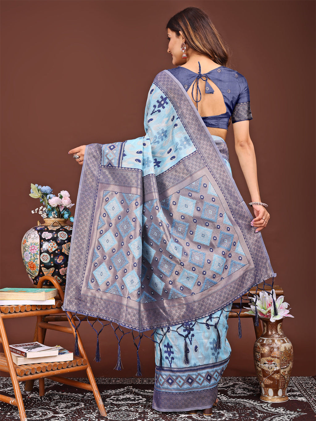 Shree Shyam Fashion Radiant Sky Blue Linen Cotton Patola Saree - Where Tradition Dances with Elegance | Grocsy