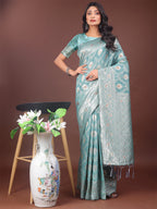 Shree Shyam Fashion Elegant Sea Green Linen Cotton Saree with Silver Zari - Perfect Blend of Comfort & Charm | Grocsy