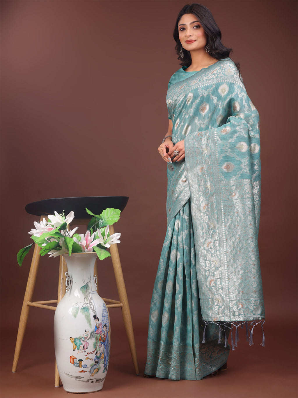 Shree Shyam Fashion Elegant Sea Green Linen Cotton Saree with Silver Zari - Perfect Blend of Comfort & Charm | Grocsy