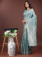 Shree Shyam Fashion Elegant Sea Green Linen Cotton Saree with Silver Zari - Perfect Blend of Comfort & Charm | Grocsy