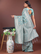 Shree Shyam Fashion Elegant Sea Green Linen Cotton Saree with Silver Zari - Perfect Blend of Comfort & Charm | Grocsy