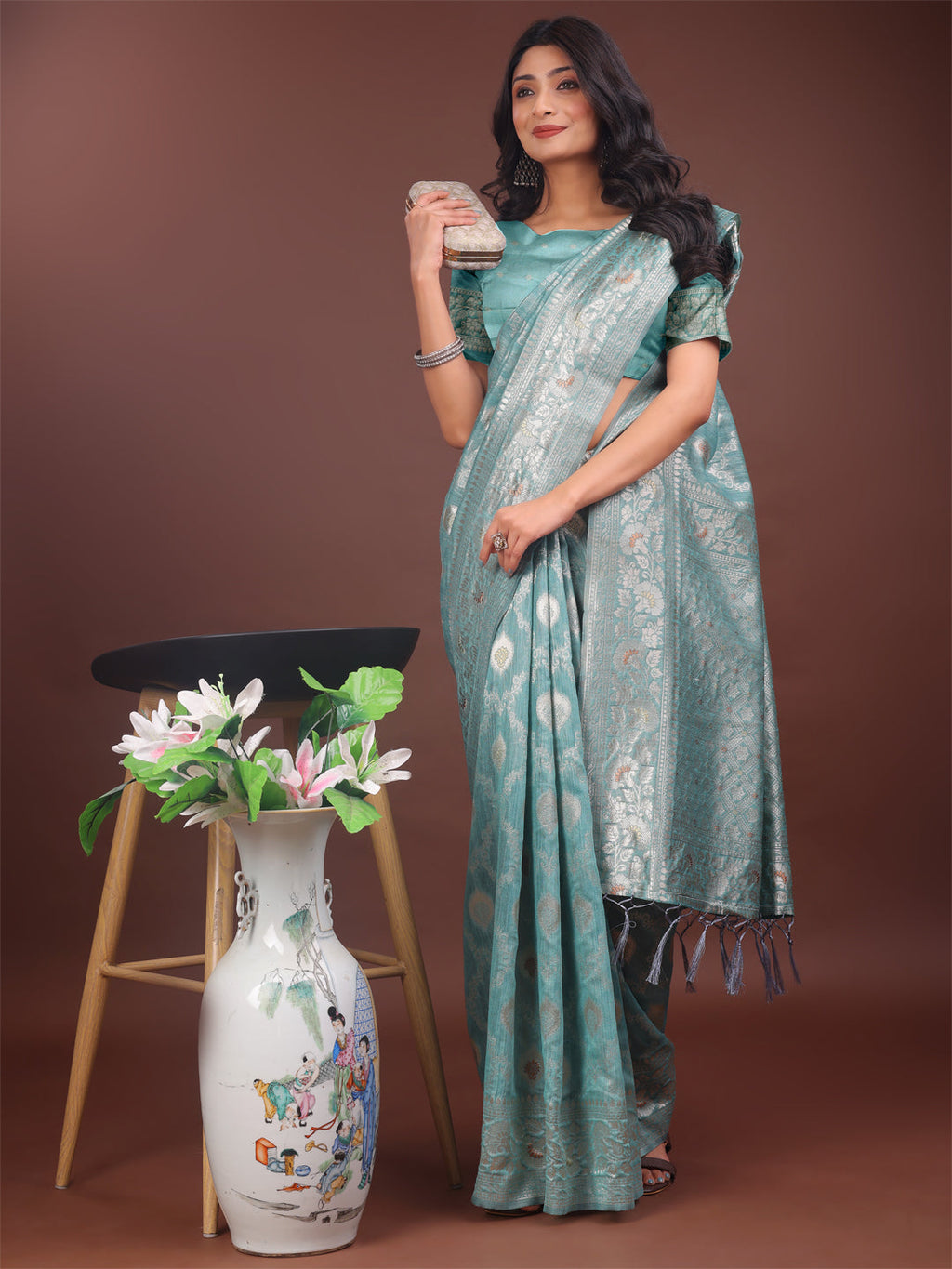 Shree Shyam Fashion Elegant Sea Green Linen Cotton Saree with Silver Zari - Perfect Blend of Comfort & Charm | Grocsy