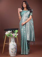 Shree Shyam Fashion Elegant Sea Green Linen Cotton Saree with Silver Zari - Perfect Blend of Comfort & Charm | Grocsy