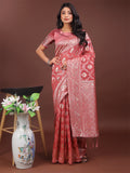 Shree Shyam Fashion Elegant Peach Linen Cotton Saree with Silver Zari - Perfect Blend of Comfort & Charm | Grocsy