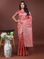 Shree Shyam Fashion Elegant Peach Linen Cotton Saree with Silver Zari - Perfect Blend of Comfort & Charm | Grocsy
