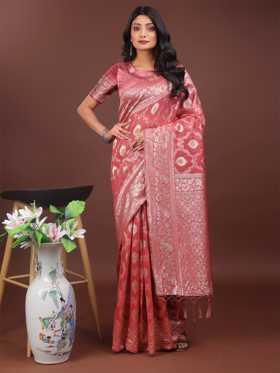 Shree Shyam Fashion Elegant Peach Linen Cotton Saree with Silver Zari - Perfect Blend of Comfort & Charm | Grocsy
