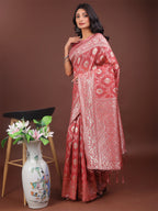 Shree Shyam Fashion Elegant Peach Linen Cotton Saree with Silver Zari - Perfect Blend of Comfort & Charm | Grocsy