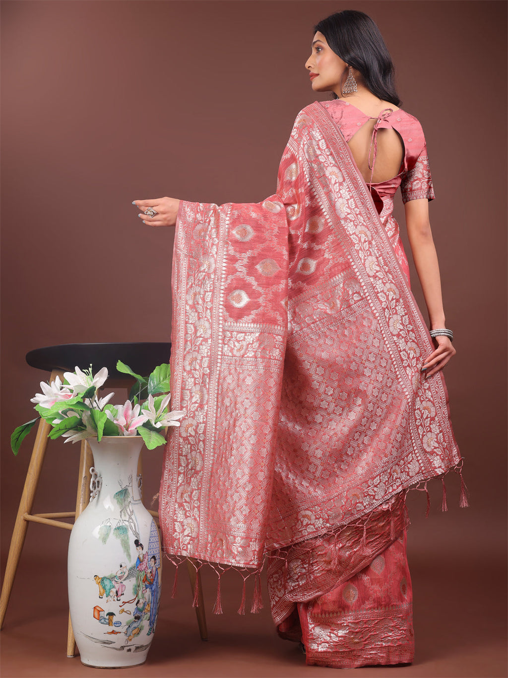 Shree Shyam Fashion Elegant Peach Linen Cotton Saree with Silver Zari - Perfect Blend of Comfort & Charm | Grocsy