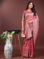 Shree Shyam Fashion Elegant Peach Linen Cotton Saree with Silver Zari - Perfect Blend of Comfort & Charm | Grocsy