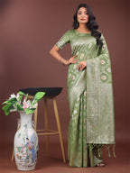 Shree Shyam Fashion Elegant Light Green Linen Cotton Saree with Silver Zari - Perfect Blend of Comfort & Charm | Grocsy