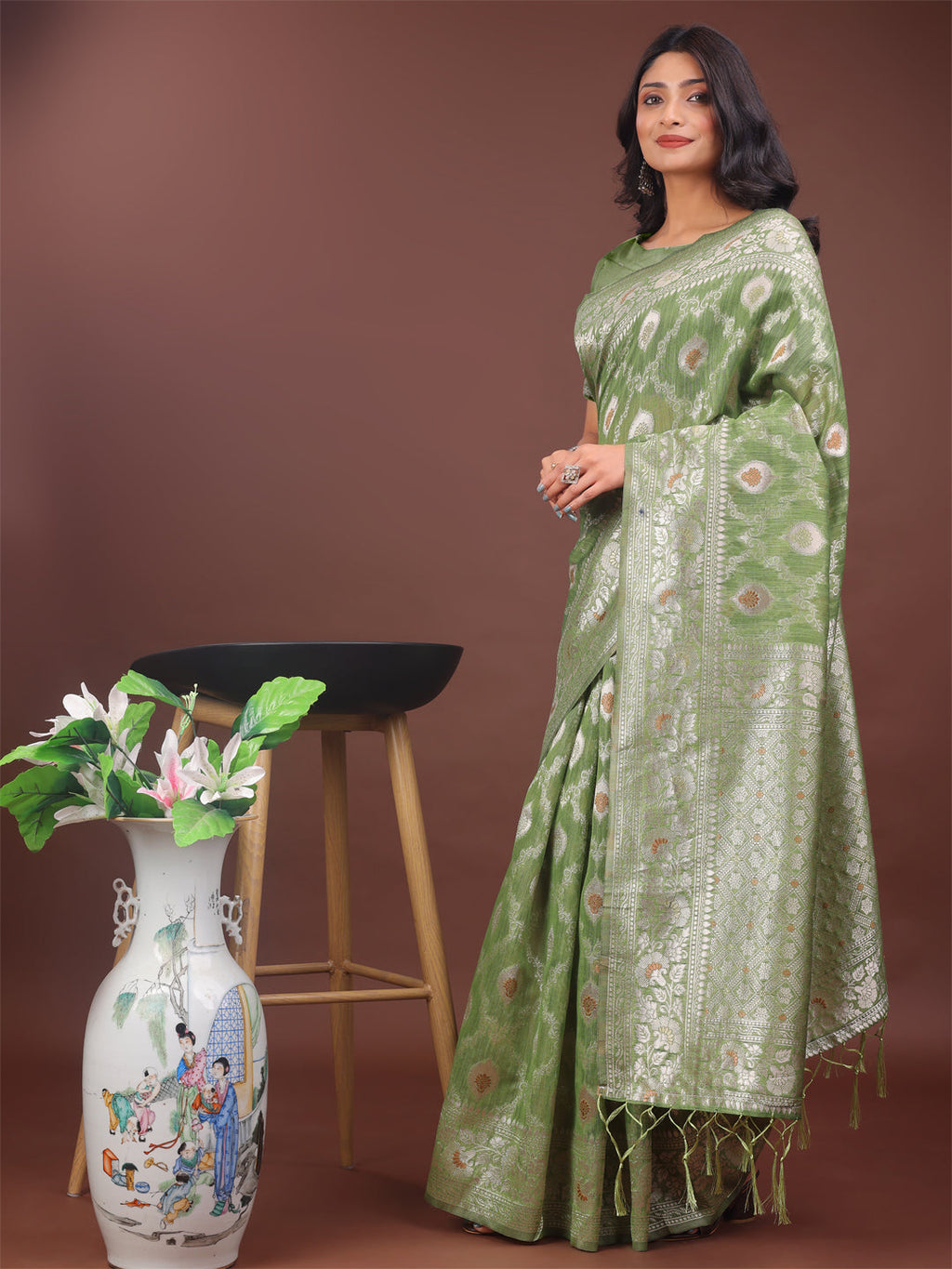 Shree Shyam Fashion Elegant Light Green Linen Cotton Saree with Silver Zari - Perfect Blend of Comfort & Charm | Grocsy